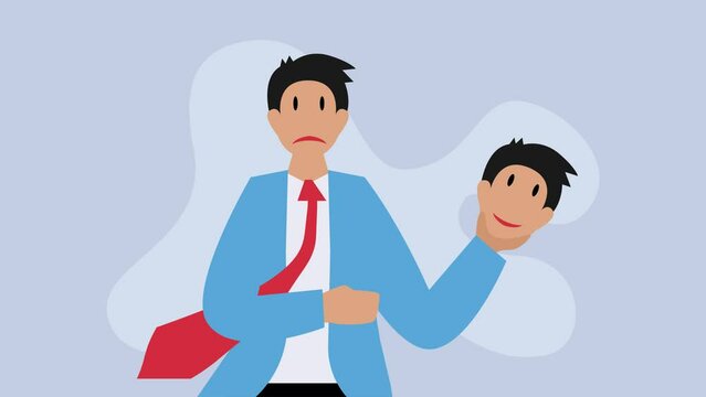 Pretending to be happy - Businessman with sad face wearing happy mask cartoon animation