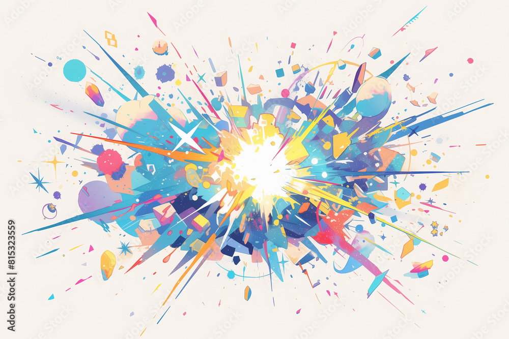 Fototapete Abstract artwork with bold geometric shapes and bright colors, creates an energetic visual experience. The background is white. Explosion of colorful lines
