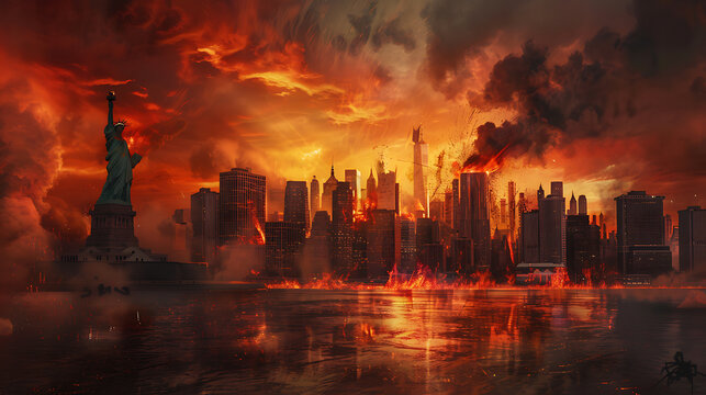 Fototapeta Sky line of New York City on fire as seen from the Statue of Liberty with dark orange and red tones, smoke and flames engulfing the skyscrapers. Generative AI illustration 