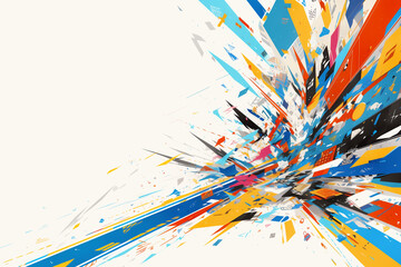 Abstract artwork with bold geometric shapes and bright colors, creates an energetic visual experience. The background is white. Explosion of colorful lines