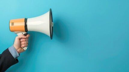 Businessman's hand holding a megaphone, symbolizing advertising and promotions