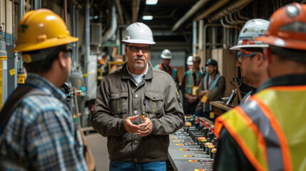 A factory supervisor instructs a group of attentive workers in an industrial setting.