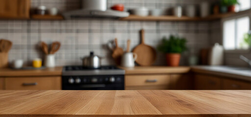 Woodden table top on blurred kitchen background, Empty kitchen table for display or menu design