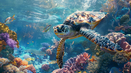 Vibrant image of a sea turtle swimming gracefully through a colorful coral reef, showcasing underwater life.