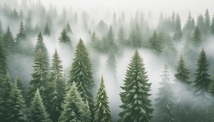 Fototapeta premium A dense forest shrouded in thick, white fog creating an ethereal backdrop. 