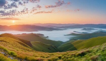 A grassy hilltop with a panoramic view of the surrounding countryside during sunrise. 