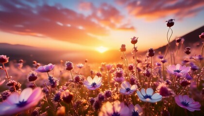 field of flowers.  A lush meadow filled with wildflowers under a stunning sunrise. The sky above is a brilliant