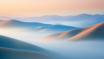 mountains in the fog.  Gentle hills seen through a soft mist at sunrise