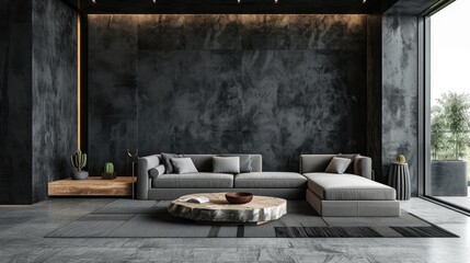 Modern Industrial Living Room with Gray Sofa and Concrete Walls