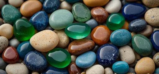 Colorful rocks and pebbles on a sandy beach