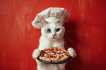 Chef Cat Presenting a Delicious Pizza on Red Background