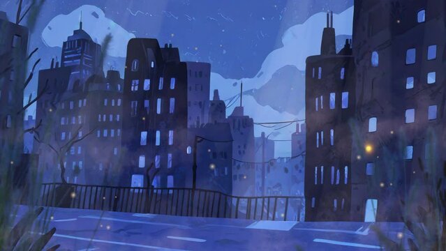 A mesmerizing cartoon-style city landscape unfolds with a dominant blue palette, where tall buildings rise majestically against the sky in this captivating looping video, offering a serene. 