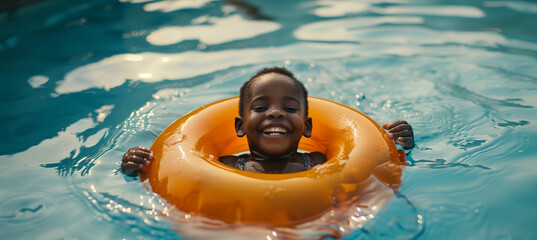 Happy kid floating on swimming ring in pool, having fun and laughing