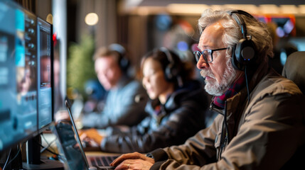 Elderly man with headphones using computer in a modern office setting, focused on multimedia tasks alongside younger colleagues.