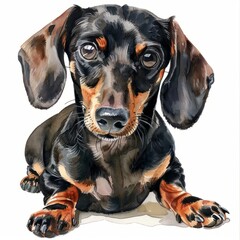 Watercolor painting of a charming Dachshund with floppy ears and a playful expression, on isolated white background, Generative AI