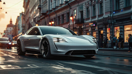 Futuristic Electric Car Cruising Through Bustling City Streets at Sunset