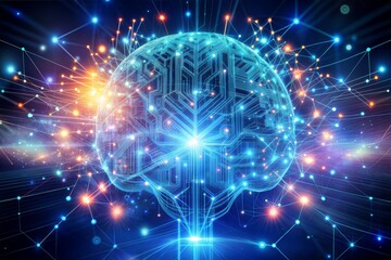 Obraz premium Digital technologies of the future. Artificial intelligence. The brain and digital codes on a virtual screen. The image was created using artificial intelligence.