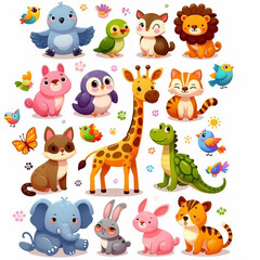 set of cartoon animals, This image features cute cartoon animals like a giraffe, elephant, lion, and more, all with bright and cheerful expressions.