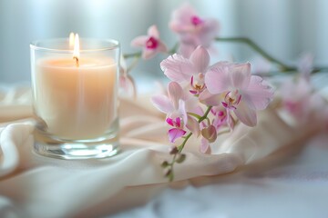 Close up of candle glass jar with burning candle and pot with pink orchid flower. Home decor and accent pieces. Interior design of modern living room.