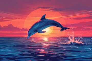 Dolphin leaping at sunset flat design top view marine life theme water color Complementary Color Scheme