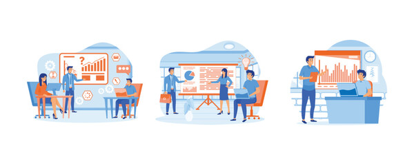 Business people teamwork in office. Businesswoman speaking, presenting graphs on board presentation. Business meeting team conference in office room. Set flat vector modern illustration