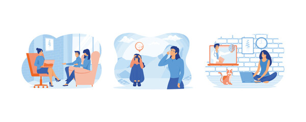 Married young couple at psychologist's appointment. Crying woman sitting on floor hugging knees. Online Psychological Help. Set flat vector modern illustration