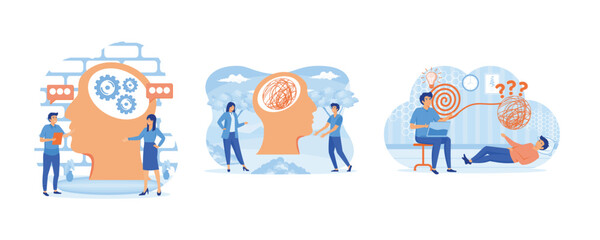 Psychology, psychotherapy and psychiatry counseling concept. Psychotherapy practice. Psychotherapy, unraveling complex situations. Set flat vector modern illustration