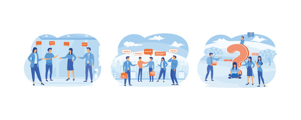Fototapeta premium Discussion, team communication conversation. Business team coworker discussing work in meeting with speech bubbles. Men and women asking questions. Set flat vector modern illustration