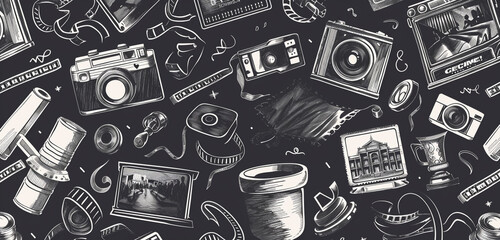 Continuous black and white pattern with doodle film and cinema icons.