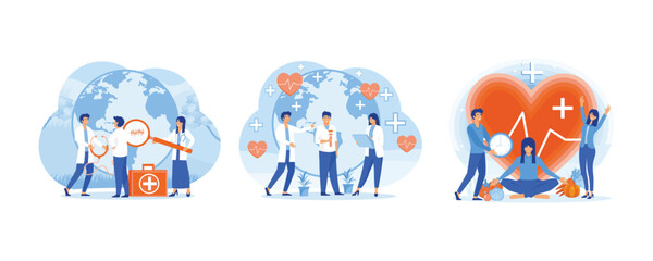 Doctors check the health world globe with a stethoscope. Doctors and medical workers are celebrating Health Day. World Health Day concept. Set flat vector modern illustration