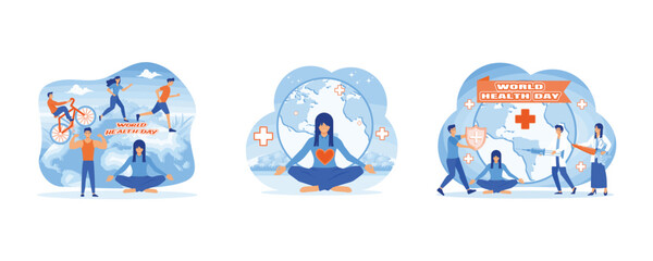World Health Day 7 April. Women celebrate World Health Day with yoga. Healthcare and life insurance concept. Set flat vector modern illustration