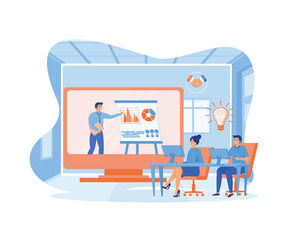 Online Training Conference for Office Workers. Colleagues Sitting with Laptop at Desks Receive Knowledge from Coach. flat vector modern illustration