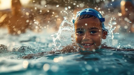 Portrait of young swimmer looking at camera while swimming with splashing water. Sport person or happy children smiling at camera while exercising in swimming pool with swimming glasses. AIG42.