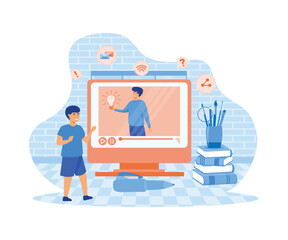 E-learning banner. Online education, home schooling. Man student gets new knowledge and ideas. flat vector modern illustration