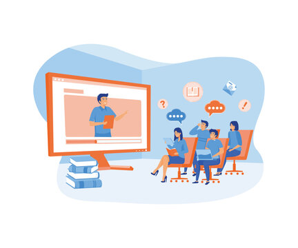 Webinar and online education courses, the teacher teaches a group of students online. flat vector modern illustration