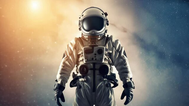 An astronaut stands in the vast expanse of space with a stunning celestial background. The space suit's reflective visor and detailed design elements create a sense of realism and adventure. 