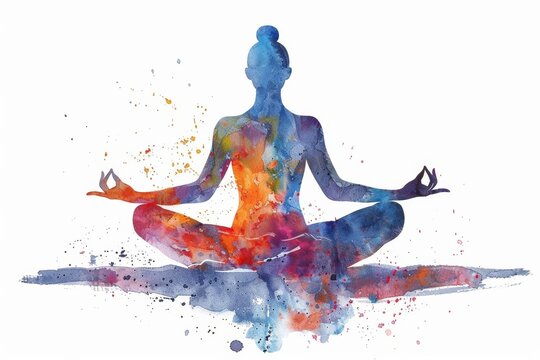 Lotus pose captured in watercolor, mudra hands enhancing an abstract aura of vibrant energy