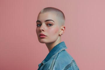 The image shows a person with a shaved head and freckles against an orange background. 