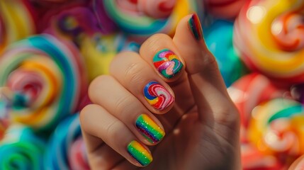 Close-up of a hand with a rainbow-colored manicure against a background of lollipops.