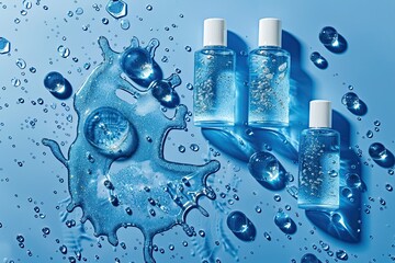 Moisture skincare product ads with watery water drops and glitter effects on blue background flat lay