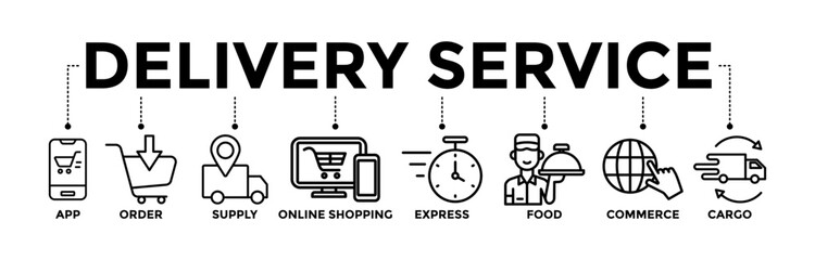 Delivery service banner icons set with black outline icon of app, order, online shopping, supply, fast, food, commerce, and cargo	