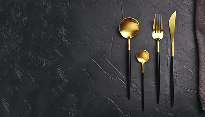 Beautiful cutlery set on black table, flat lay. Space for text.