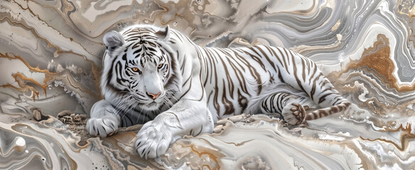 panel wall art, marble background with White Bengal Tiger design