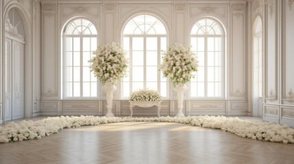 Exquisite indoor wedding stage setup with luxurious fabrics and delicate decorations