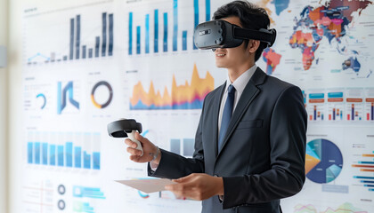 Description: "A confident businessman engages with complex data through a virtual reality headset