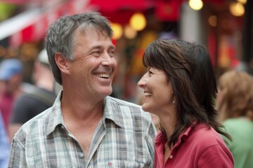 Mature couple walking in the street, smiling and looking at each other