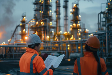 Engineers at Work Inspecting and improving the oil factoryaEUR(tm)s processes and safety measures.