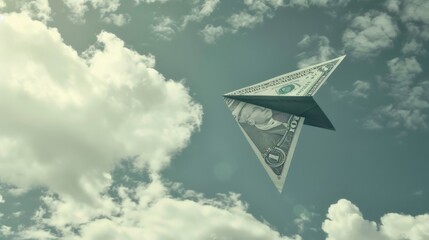 Fototapeta premium Paper Airplane Made from a Dollar Bill Flying Through the Air, Representing the Fleeting Nature of Money and the Pursuit of Financial Freedom and Wealth