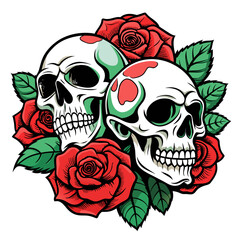 Artwork portraying a skull and roses intertwined with decorative elements like scrolls and flourishes, inspired by old-school tattoo designs