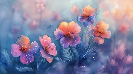 Dreamy watercolor portrait of early spring flowers, dewkissed and glowing in the dawn light